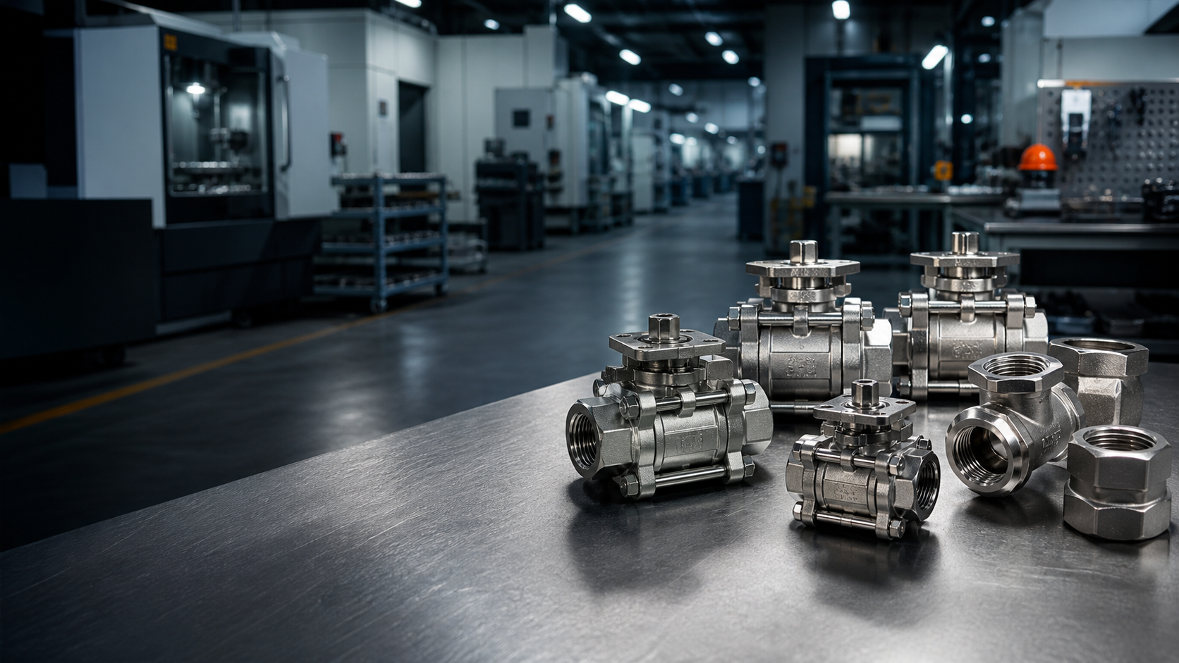 Stainless steel valves arranged on an inspection table