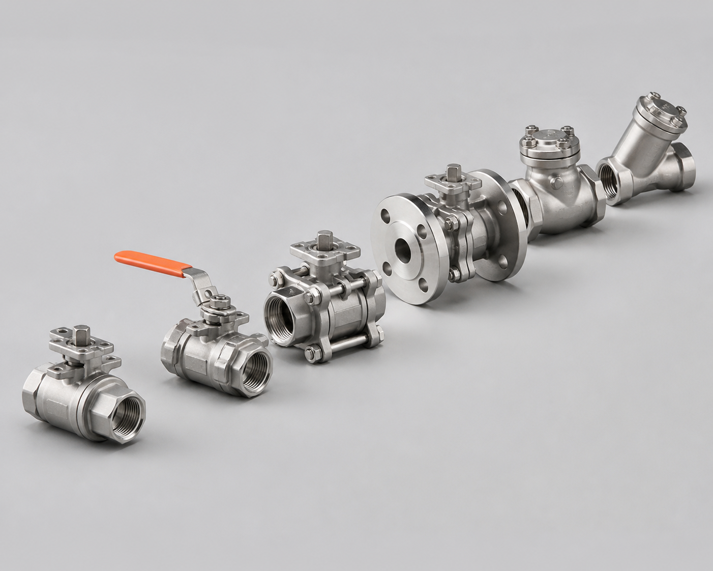 A range of unbranded stainless steel valves shown for catalogue reference