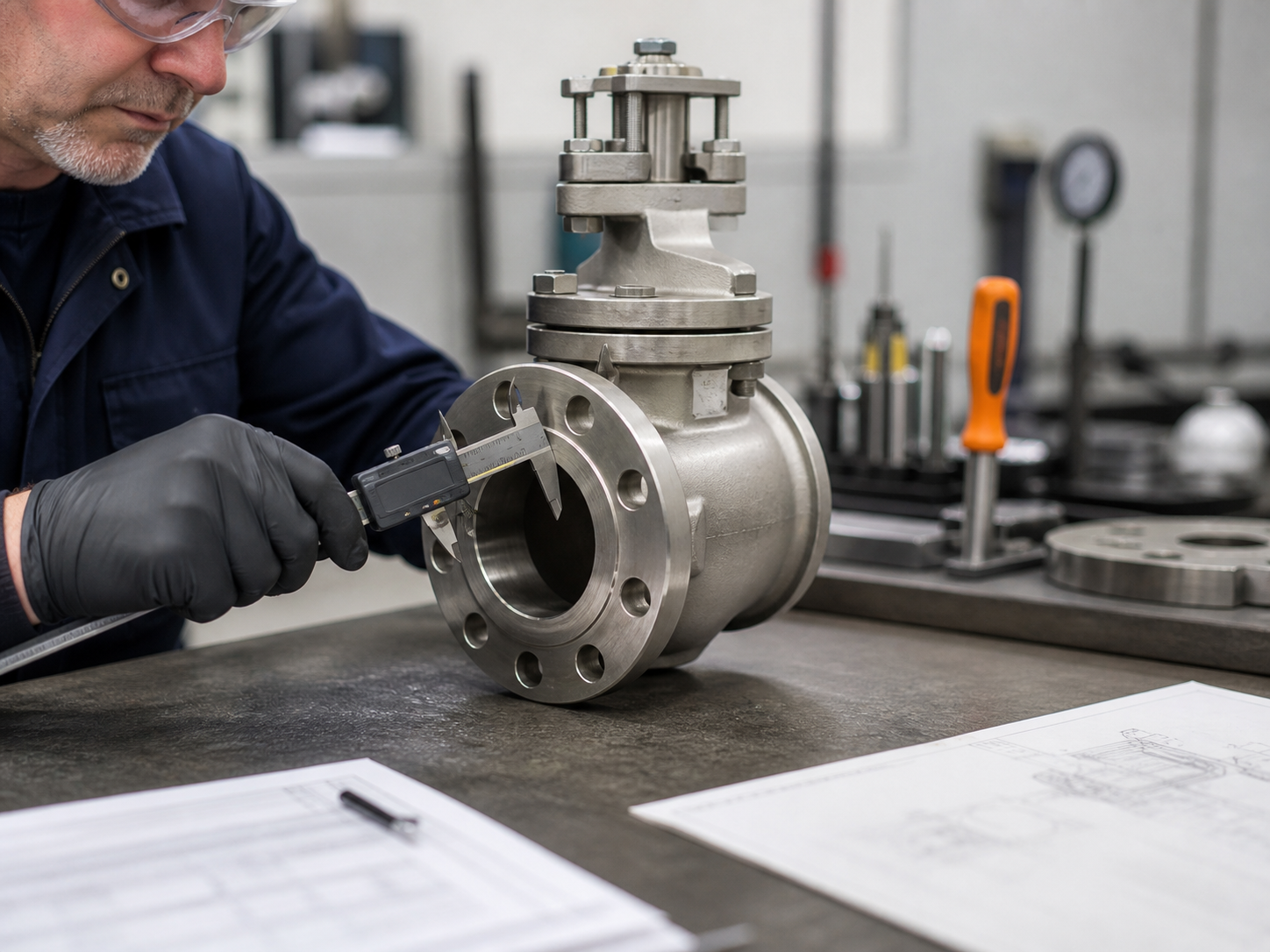 Technician performing dimensional inspection on a stainless steel valve